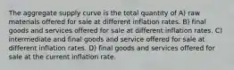 The aggregate supply curve is the total quantity of A) raw materials offered for sale at different inflation rates. B) final goods and services offered for sale at different inflation rates. C) intermediate and final goods and service offered for sale at different inflation rates. D) final goods and services offered for sale at the current inflation rate.