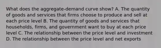 What does the aggregate-demand curve show? A. The quantity of goods and services that firms choose to produce and sell at each price level B. The quantity of goods and services that households, firms, and government want to buy at each price level C. The relationship between the price level and investment D. The relationship between the price level and net exports