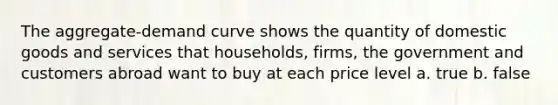 The aggregate-demand curve shows the quantity of domestic goods and services that households, firms, the government and customers abroad want to buy at each price level a. true b. false