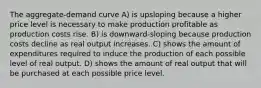 The aggregate-demand curve A) is upsloping because a higher price level is necessary to make production profitable as production costs rise. B) is downward-sloping because production costs decline as real output increases. C) shows the amount of expenditures required to induce the production of each possible level of real output. D) shows the amount of real output that will be purchased at each possible price level.