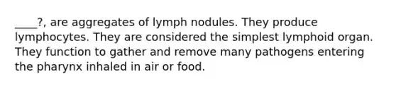 ____?, are aggregates of lymph nodules. They produce lymphocytes. They are considered the simplest lymphoid organ. They function to gather and remove many pathogens entering the pharynx inhaled in air or food.