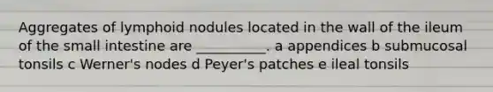 Aggregates of lymphoid nodules located in the wall of the ileum of the small intestine are __________. a appendices b submucosal tonsils c Werner's nodes d Peyer's patches e ileal tonsils