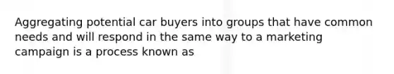 Aggregating potential car buyers into groups that have common needs and will respond in the same way to a marketing campaign is a process known as