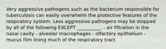 Very aggressive pathogens such as the bacterium responsible for tuberculosis can easily overwhelm the protective features of the respiratory system. Less aggressive pathogens may be stopped by all of the following EXCEPT __________. - air filtration in the nasal cavity - alveolar macrophages - olfactory epithelium - mucus film lining much of the respiratory tract