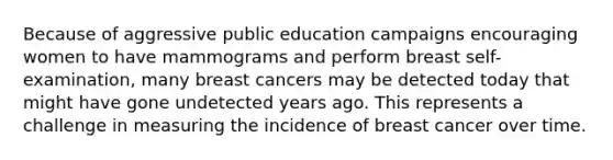 Because of aggressive public education campaigns encouraging women to have mammograms and perform breast self-examination, many breast cancers may be detected today that might have gone undetected years ago. This represents a challenge in measuring the incidence of breast cancer over time.