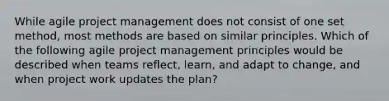 While agile project management does not consist of one set method, most methods are based on similar principles. Which of the following agile project management principles would be described when teams reflect, learn, and adapt to change, and when project work updates the plan?