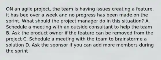 ON an agile project, the team is having issues creating a feature. It has bee over a week and no progress has been made on the sprint. What should the project manager do in this situation? A. Schedule a meeting with an outside consultant to help the team B. Ask the product owner if the feature can be removed from the project C. Schedule a meeting with the team to brainstorme a solution D. Ask the sponsor if you can add more members during the sprint