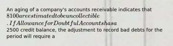 An aging of a company's accounts receivable indicates that 8100 are estimated to be uncollectible. If Allowance for Doubtful Accounts has a 2500 credit balance, the adjustment to record bad debts for the period will require a