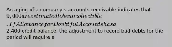 An aging of a company's accounts receivable indicates that 9,000 are estimated to be uncollectible. If Allowance for Doubtful Accounts has a2,400 credit balance, the adjustment to record bad debts for the period will require a