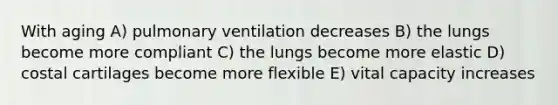 With aging A) pulmonary ventilation decreases B) the lungs become more compliant C) the lungs become more elastic D) costal cartilages become more flexible E) vital capacity increases