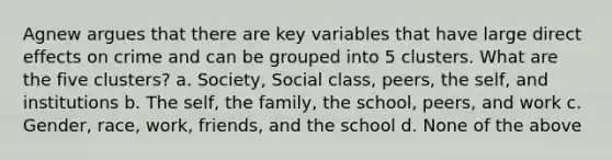 Agnew argues that there are key variables that have large direct effects on crime and can be grouped into 5 clusters. What are the five clusters? a. Society, Social class, peers, the self, and institutions b. The self, the family, the school, peers, and work c. Gender, race, work, friends, and the school d. None of the above