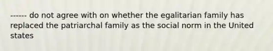 ------ do not agree with on whether the egalitarian family has replaced the patriarchal family as the social norm in the United states