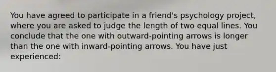 You have agreed to participate in a friend's psychology project, where you are asked to judge the length of two equal lines. You conclude that the one with outward-pointing arrows is longer than the one with inward-pointing arrows. You have just experienced: