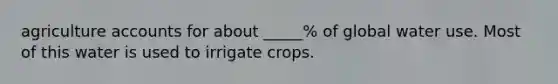 agriculture accounts for about _____% of global water use. Most of this water is used to irrigate crops.