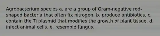 Agrobacterium species a. are a group of Gram-negative rod-shaped bacteria that often fix nitrogen. b. produce antibiotics. c. contain the Ti plasmid that modifies the growth of plant tissue. d. infect animal cells. e. resemble fungus.