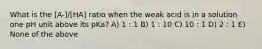 What is the [A-]/[HA] ratio when the weak acid is in a solution one pH unit above its pKa? A) 1 : 1 B) 1 : 10 C) 10 : 1 D) 2 : 1 E) None of the above