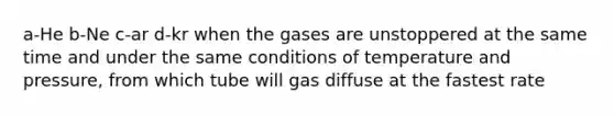 a-He b-Ne c-ar d-kr when the gases are unstoppered at the same time and under the same conditions of temperature and pressure, from which tube will gas diffuse at the fastest rate