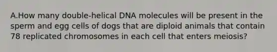 A.How many double-helical DNA molecules will be present in the sperm and egg cells of dogs that are diploid animals that contain 78 replicated chromosomes in each cell that enters meiosis?