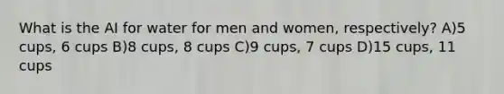 What is the AI for water for men and women, respectively? A)5 cups, 6 cups B)8 cups, 8 cups C)9 cups, 7 cups D)15 cups, 11 cups