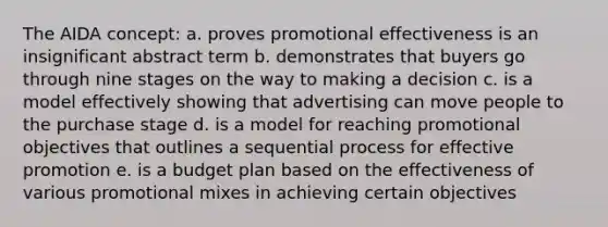 The AIDA concept: a. proves promotional effectiveness is an insignificant abstract term b. demonstrates that buyers go through nine stages on the way to making a decision c. is a model effectively showing that advertising can move people to the purchase stage d. is a model for reaching promotional objectives that outlines a sequential process for effective promotion e. is a budget plan based on the effectiveness of various promotional mixes in achieving certain objectives