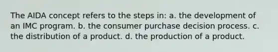 The AIDA concept refers to the steps in: a. the development of an IMC program. b. the consumer purchase decision process. c. the distribution of a product. d. the production of a product.