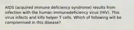 AIDS (acquired immune deficiency syndrome) results from infection with the human immunodeficiency virus (HIV). This virus infects and kills helper T cells. Which of following will be compromised in this disease?