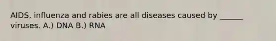 AIDS, influenza and rabies are all diseases caused by ______ viruses. A.) DNA B.) RNA