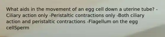 What aids in the movement of an egg cell down a uterine tube? -Ciliary action only -Peristaltic contractions only -Both ciliary action and peristaltic contractions -Flagellum on the egg cellSperm