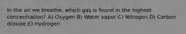 In the air we breathe, which gas is found in the highest concentration? A) Oxygen B) Water vapor C) Nitrogen D) Carbon dioxide E) Hydrogen