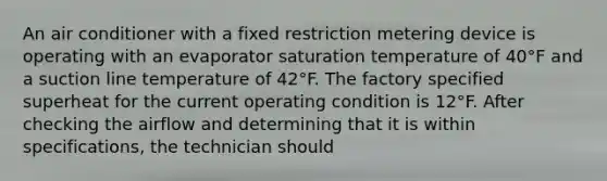 An air conditioner with a fixed restriction metering device is operating with an evaporator saturation temperature of 40°F and a suction line temperature of 42°F. The factory specified superheat for the current operating condition is 12°F. After checking the airflow and determining that it is within specifications, the technician should