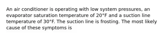 An air conditioner is operating with low system pressures, an evaporator saturation temperature of 20°F and a suction line temperature of 30°F. The suction line is frosting. The most likely cause of these symptoms is