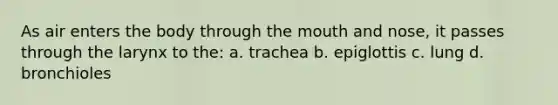 As air enters the body through the mouth and nose, it passes through the larynx to the: a. trachea b. epiglottis c. lung d. bronchioles