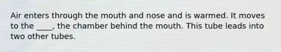 Air enters through <a href='https://www.questionai.com/knowledge/krBoWYDU6j-the-mouth' class='anchor-knowledge'>the mouth</a> and nose and is warmed. It moves to the ____, the chamber behind the mouth. This tube leads into two other tubes.