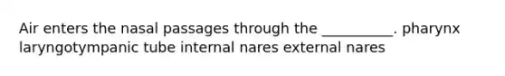 Air enters the nasal passages through the __________. pharynx laryngotympanic tube internal nares external nares