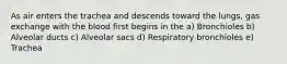 As air enters the trachea and descends toward the lungs, gas exchange with the blood first begins in the a) Bronchioles b) Alveolar ducts c) Alveolar sacs d) Respiratory bronchioles e) Trachea