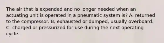 The air that is expended and no longer needed when an actuating unit is operated in a pneumatic system is? A. returned to the compressor. B. exhausted or dumped, usually overboard. C. charged or pressurized for use during the next operating cycle.