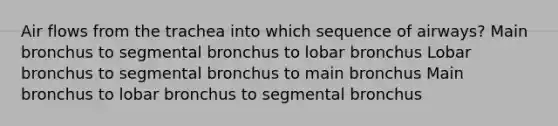 Air flows from the trachea into which sequence of airways? Main bronchus to segmental bronchus to lobar bronchus Lobar bronchus to segmental bronchus to main bronchus Main bronchus to lobar bronchus to segmental bronchus