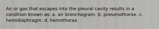 Air or gas that escapes into the pleural cavity results in a condition known as: a. air bronchogram. b. pneumothorax. c. hemidiaphragm. d. hemothorax.