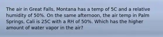 The air in Great Falls, Montana has a temp of 5C and a relative humidity of 50%. On the same afternoon, the air temp in Palm Springs, Cali is 25C with a RH of 50%. Which has the higher amount of water vapor in the air?