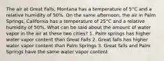 The air at Great Falls, Montana has a temperature of 5°C and a relative humidity of 50%. On the same afternoon, the air in Palm Springs, California has a temperature of 25°C and a relative humidity of 50%. What can be said about the amount of water vapor in the air at these two cities? 1. Palm springs has higher water vapor content than Great Falls 2. Great falls has higher water vapor content than Palm Springs 3. Great falls and Palm Springs have the same water vapor content