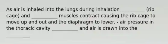 As air is inhaled into the lungs during inhalation __________ (rib cage) and ___________ muscles contract causing the rib cage to move up and out and the diaphragm to lower. - air pressure in the thoracic cavity ___________ and air is drawn into the __________