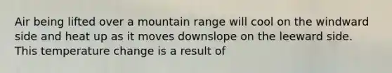 Air being lifted over a mountain range will cool on the windward side and heat up as it moves downslope on the leeward side. This temperature change is a result of