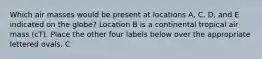 Which air masses would be present at locations A, C, D, and E indicated on the globe? Location B is a continental tropical air mass (cT). Place the other four labels below over the appropriate lettered ovals. C