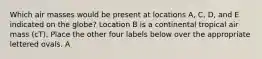 Which air masses would be present at locations A, C, D, and E indicated on the globe? Location B is a continental tropical air mass (cT). Place the other four labels below over the appropriate lettered ovals. A