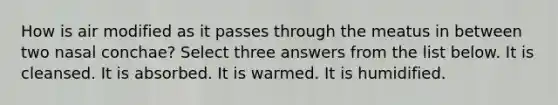 How is air modified as it passes through the meatus in between two nasal conchae? Select three answers from the list below. It is cleansed. It is absorbed. It is warmed. It is humidified.