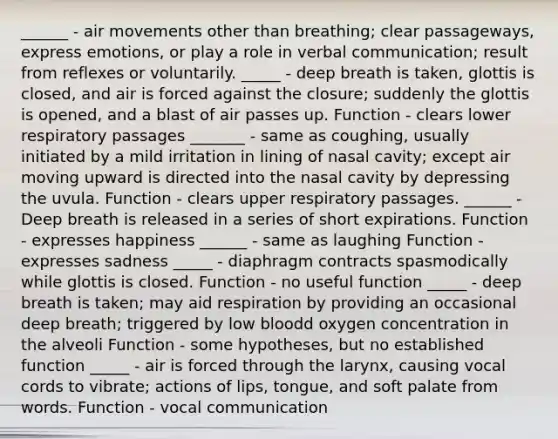 ______ - air movements other than breathing; clear passageways, express emotions, or play a role in verbal communication; result from reflexes or voluntarily. _____ - deep breath is taken, glottis is closed, and air is forced against the closure; suddenly the glottis is opened, and a blast of air passes up. Function - clears lower respiratory passages _______ - same as coughing, usually initiated by a mild irritation in lining of nasal cavity; except air moving upward is directed into the nasal cavity by depressing the uvula. Function - clears upper respiratory passages. ______ - Deep breath is released in a series of short expirations. Function - expresses happiness ______ - same as laughing Function - expresses sadness _____ - diaphragm contracts spasmodically while glottis is closed. Function - no useful function _____ - deep breath is taken; may aid respiration by providing an occasional deep breath; triggered by low bloodd oxygen concentration in the alveoli Function - some hypotheses, but no established function _____ - air is forced through the larynx, causing vocal cords to vibrate; actions of lips, tongue, and soft palate from words. Function - vocal communication