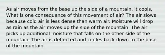 As air moves from the base up the side of a mountain, it cools. What is one consequence of this movement of air? The air slows because cold air is less dense than warm air. Moisture will drop as rain as the air moves up the side of the mountain. The air picks up additional moisture that falls on the other side of the mountain. The air is deflected and circles back down to the base of the mountain.