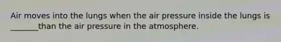 Air moves into the lungs when the air pressure inside the lungs is _______than the air pressure in the atmosphere.