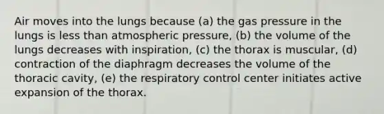 Air moves into the lungs because (a) the gas pressure in the lungs is less than atmospheric pressure, (b) the volume of the lungs decreases with inspiration, (c) the thorax is muscular, (d) contraction of the diaphragm decreases the volume of the thoracic cavity, (e) the respiratory control center initiates active expansion of the thorax.