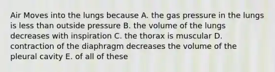 Air Moves into the lungs because A. the gas pressure in the lungs is <a href='https://www.questionai.com/knowledge/k7BtlYpAMX-less-than' class='anchor-knowledge'>less than</a> outside pressure B. the volume of the lungs decreases with inspiration C. the thorax is muscular D. contraction of the diaphragm decreases the volume of the pleural cavity E. of all of these